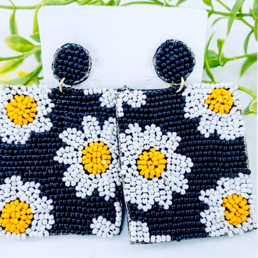 Sunflower beaded drop earrings